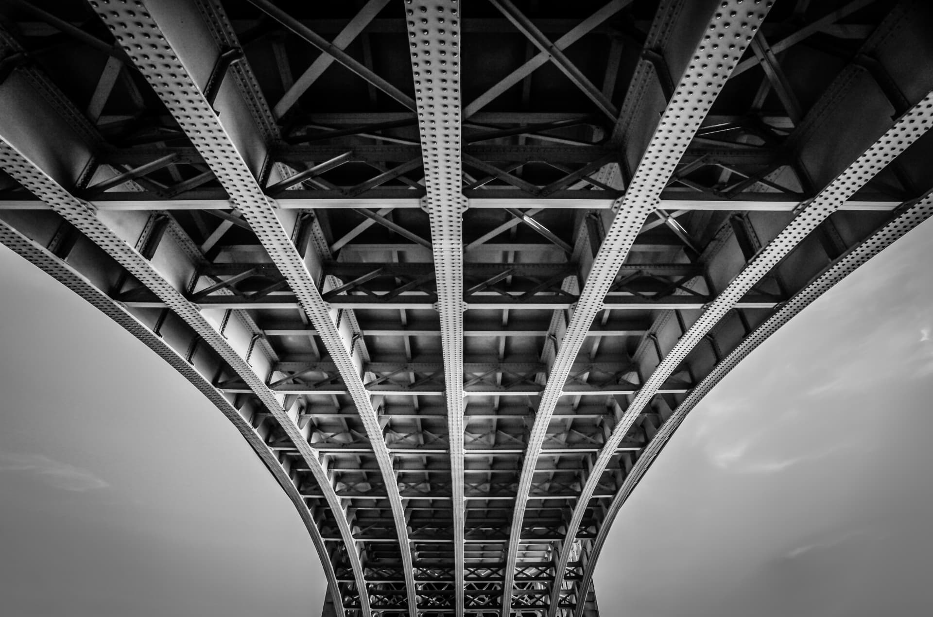 Bridge cables fanning across a pale sky