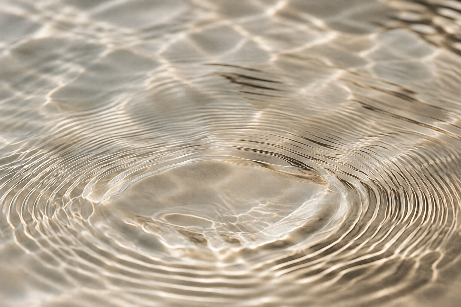 Concentric ripples spreading across sunlit shallow water