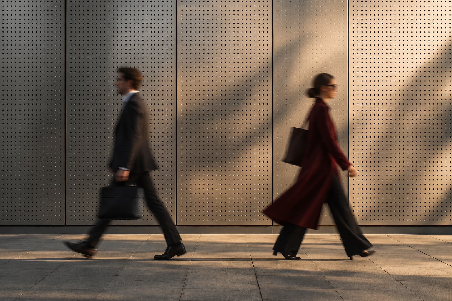 Two business professionals walking in opposite directions past a sunlit perforated metal wall